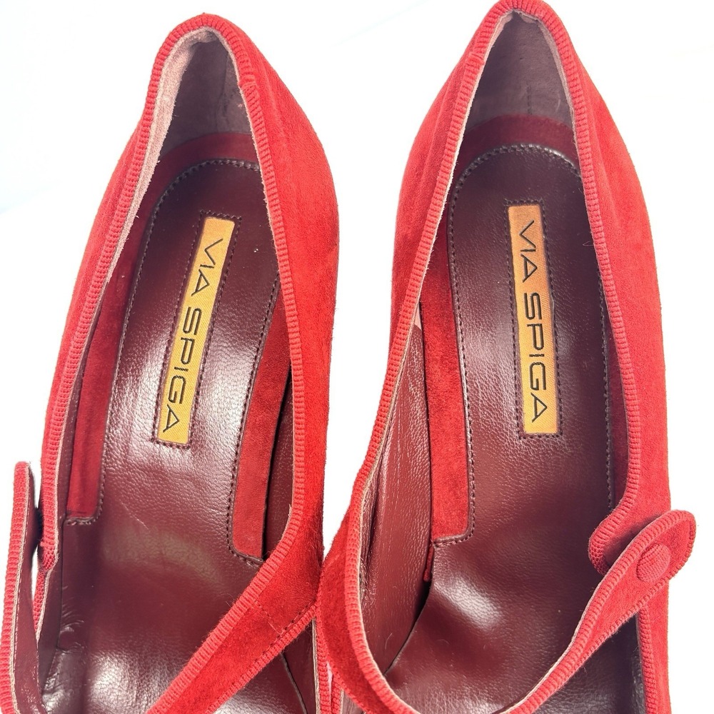 Via Spiga Red Suede Mary Jane Pumps Heels Women's 8.5 M Italy Pointed Toe 39 EU - Picture 10 of 13